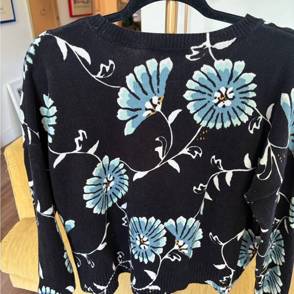 LOFT Black Crewneck Sweater with Blue Floral Motif - Picture 4 of 8
